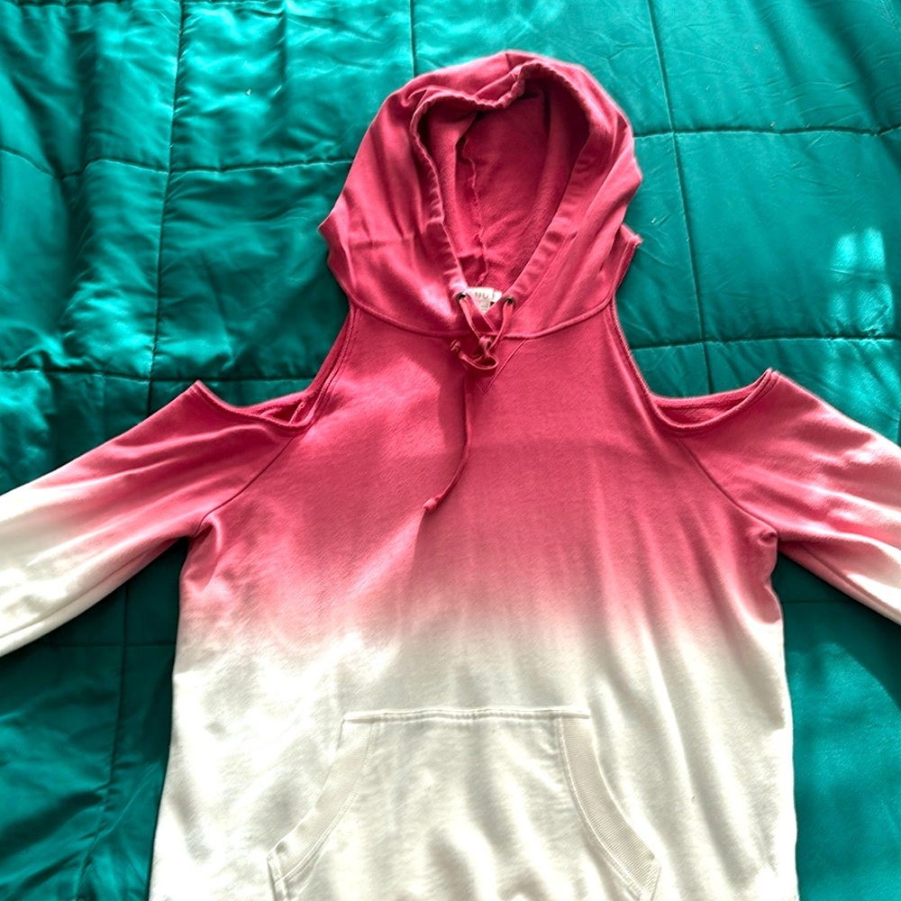 Pink and white hoodie with exposed shoulders - large
